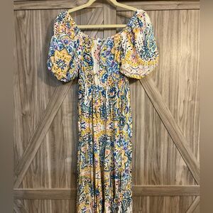 Southern Grace Blue and Yellow Smocked Off-Shoulder Maxi Dress